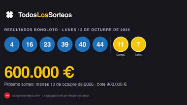 Resultado de la Bonoloto del lunes 12 de octubre de 2026: combinación ganadora, complementario y reintegro
